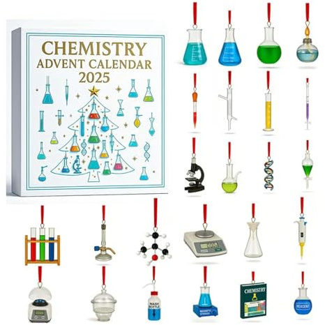 Science Advent Calendar 2025, Chemistry Advent Calendars 2025, 24 Days Christmas Countdown Calendar with 24 Mini 2D Science Themed Hanging Ornaments, Gift for Teacher Student Science Lover