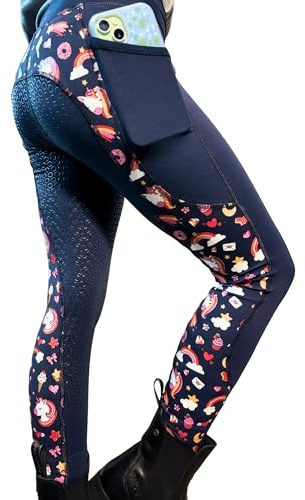 Aiya Kids Unicorn Horse Riding Tights – Full Seat Silicone Grip Leggings with 5 cm Covered Waistband, Phone Pocket & Vibrant Unicorn Print – 4‑Way Stretch & Breathable (Navy, 20 Inch Waist)