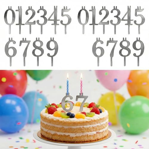 Dermalyx 20 Piezas 2 Juegos Portavelas Reutilizables con Números para Tartas De Cumpleaños Soporte Metálico para Velas Plateado Decoración De Pasteles