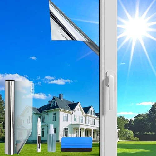 Evofensteere (60x600cm plateado) Lámina para ventana protector solar calor interior o exterior | Lámina de espejo sin residuos para protección solar de ventanas | Película protectora solar |