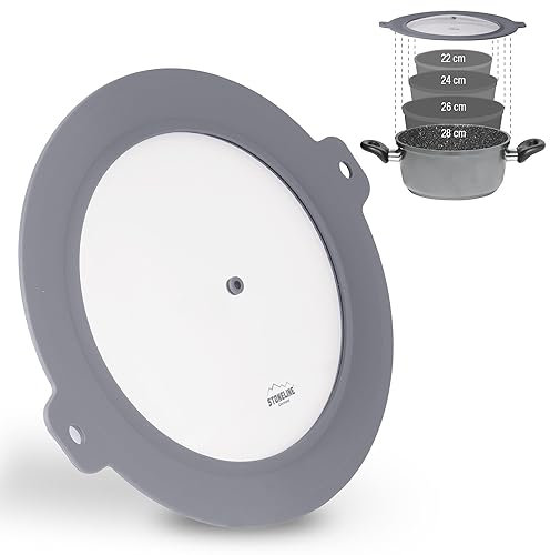 STONELINE 4 in 1 Universaldeckel für Töpfe und Pfannen mit 22/24/26/28 cm Universal Glasdeckel mit abgestuftem Silikonrand Platinsilikon, hitzebeständig platzsparend, 4 Größen, Grau