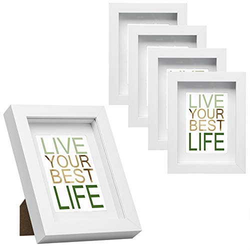 EUGAD 5er Set Bilderrahmen Fotogalerie, tiefer Rahmen für Objekte bis 1,5 cm, Holzrahmen mit Papier-Passepartout, mit Glasscheibe, 3D Objektrahmen, Weiß, 13x18cm