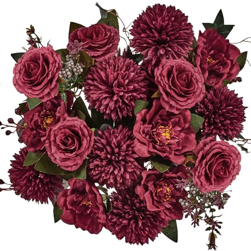 LA.PONEE Bouquet di fiori in seta bordeaux di alta qualità, composizioni floreali artificiali, fiori finti per bouquet da sposa, decorazioni per la casa, baby shower, centrotavola da tavolo