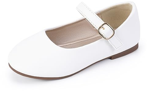 PANDANINJIA Rena Girls Dress Shoes Mary Jane Ballet Flats Back to School Uniform Shoes for Toddler/Little Kid (White Pu, 6 Toddler)