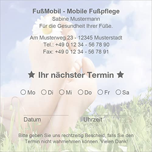 Terminzettel mit Ihrer Adresse personalisiert, inkl. praktischer Zettelbox mit Stiftehalter, 10 x 10 cm (Fußpflege #001) (1000)