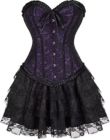 Corset Jupe Bustier Tulle Robe Set Dress Femmes Sexy Dentelle Guêpière Lingerie Grande Taille Halloween Violet L