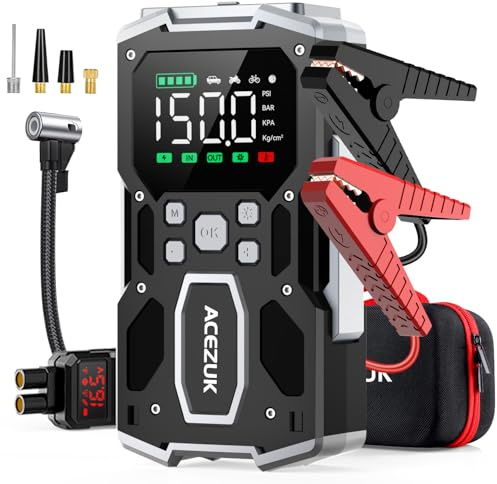 Portable Car Jump Starter with Air Compressor, ACEZUK 150PSI 8000A Jump Starter (All Gas/10.0L Diesel), 12V Battery Jump Box Car Battery Jumper Starter with 3.4 LCD Display, 2 Lights