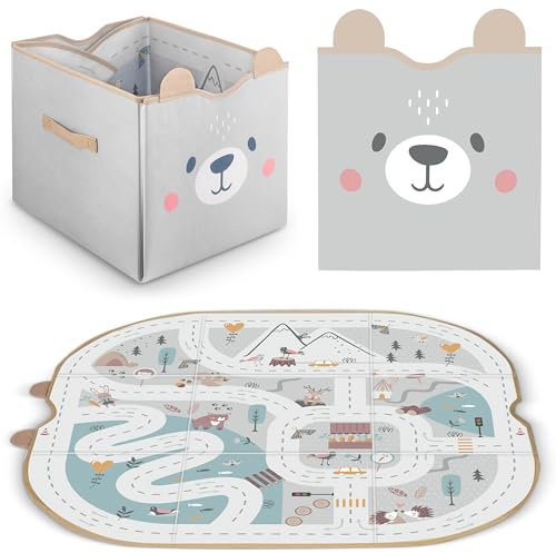 Nukido - 2in1 - Spielzeugkiste mit Spielmatte - für Kinder/Baby - Faltbar - Aufbewahrungsbeutel - Spieldecke, Teppich - Behälter - Aufräumsack, Organizer - mit Bär- und Straßen-/Tiermotiv - Grau