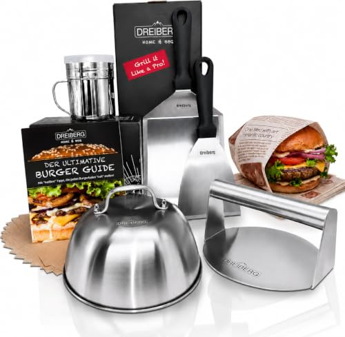 TREBERG Smash Burgerset i rostfritt stål för plancha, gasgrill, teppanyaki inkl. grillspatelset, hamburgarpapper, smältklocka, grillpress, kryddströare och receptbok (7 delar)