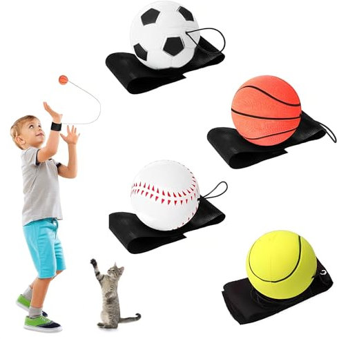 Vueinrg 4 Piezas Pelotas de Goma con Bandas,Pelota de Goma con Correa para la Muñeca Cuerda Elástica Regresa Pelota Wrist Return Ball Pelotas de Rebote para Niños, Fútbol, Baloncesto, Béisbol
