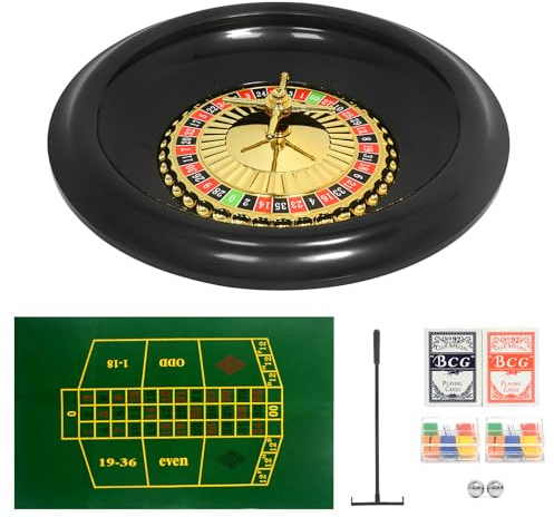 SODFAS Roulette Wheel Game Set Casino Game Set with 120 Chips, 2 Pairs of Poker,Game Double-Edged Table Mat,Roulette Wheel,Rake,Roulette Balls for Roulette & Texas Hold'em (16 Inch)
