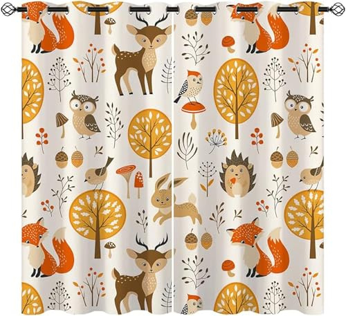 ZZTBQ Animaux de la Jungle 2 Pièces Rideau Occultants pour Chambre d'enfant 3D Imprimé Thème Animal De La Forêt De Dessin Animé Rideau Occultant Opaque à Oeillets ForêT Renard Hibou Cerf 140x160cm
