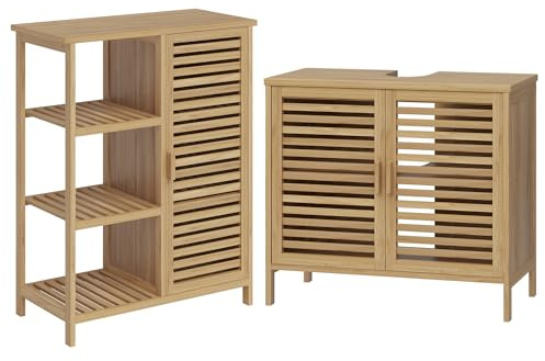 Bellamio Newa Badmöbel-Set – Waschbeckenunterschrank mit 2 Fächern & Badschrank mit 6 Fächern – Badezimmermöbel aus Bambus lackiert – Badezimmer Unterschrank – Badregal/Bambusschrank/Badunterschrank