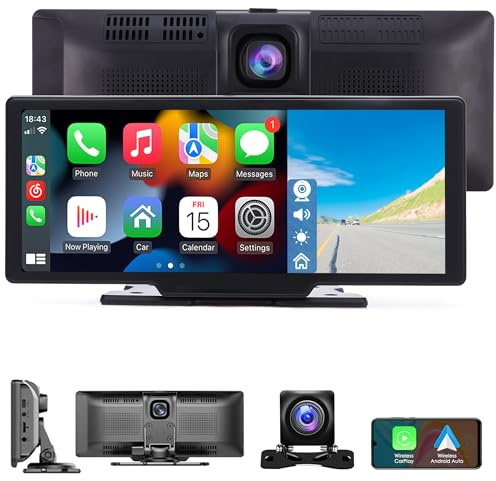 iFreGo 10,26 Bluetooth-bilradio med Apple CarPlay/Android Auto trådlös och trådbunden, FM-radio, inbyggd inspelningskamera, pekskärm, AUX, GPS, spegellänk, för de flesta fordon