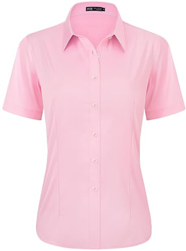 J.VER Pink Shirt Womens Short Sleeve Summer Fitted Stretch Business Casual Button Down Shirt Formal Dress Work Ladies Tops Blouses S