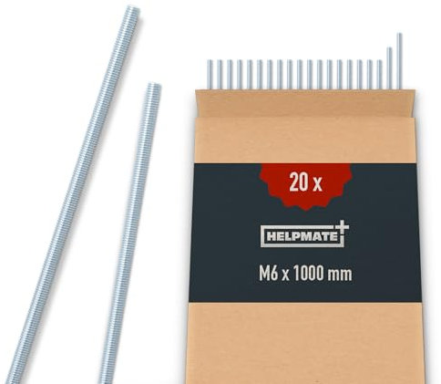 HELPMATE Tige filetée M6 x 1000 mm en acier galvanisé - Lot de 20 tiges filetées métriques entièrement filetées - Vis sans tête classe de résistance 4.8, DIN 976