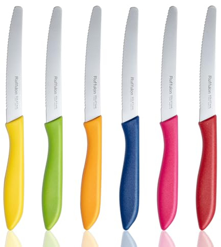 Ruffulon Tomato Knife Colour Set of 6,Serrated Kitchen Knives,Sharp Blade,Sharp and Wavy Edge from Professional Stainless Steel,Multicolor Tomato Knives Set with Ergonomic Handle