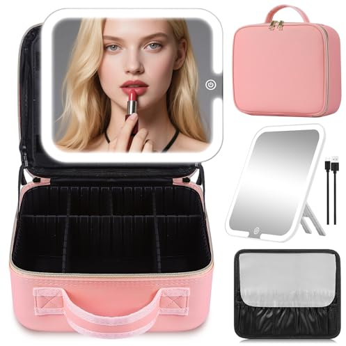 Borsa per il trucco con specchio rimovibile, borsa cosmetica con specchio con supporto angolare a 360°, custodia per il trucco da viaggio in pelle PU con divisori regolabili/portapennelli(Rosa)
