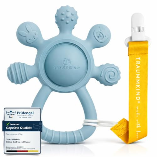 Traummkind Beißring Baby mit Rassel & Clip – Baby Zahnungshilfe aus BPA-freiem Silikon ab 3 Monate – Greifling & sensorisches Beißspielzeug, Babyrassel, Geschenk zur Geburt (Sandblau)