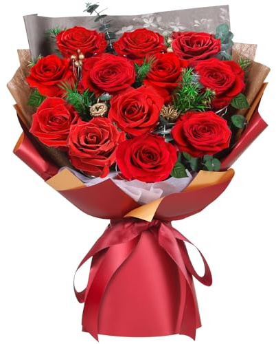 ADDWel 12 Preserved Red Roses Bouquet - Real Fresh Flowers That Last 3+ Years, Romantic Valentines Gifts for Wife, Girlfriend & Mum - Dozen Infinity Roses in Gift Box, Anniversary & Birthday Present