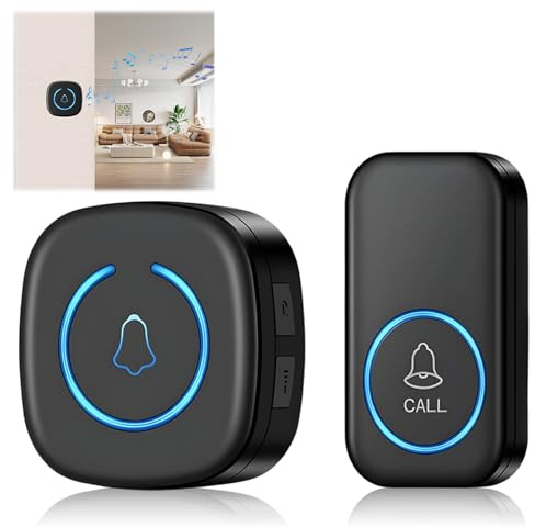 Timbre Inalámbrico Exterior Impermeable 60 Melodías 5 Niveles de Volumen Kit de Timbre Inalambrico Doorbell con 1 Receptores + 1 Botón a Pila Indicador LED 300m Alcance para el Hogar Oficina (Negro)