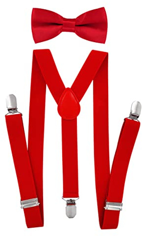 axy Bretelle per bambini, a forma di Y, larghe 2,5 cm, con papillon, 3 clip stabili, per bambini di 7-12 anni, Colore: rosso, Taglia Unica