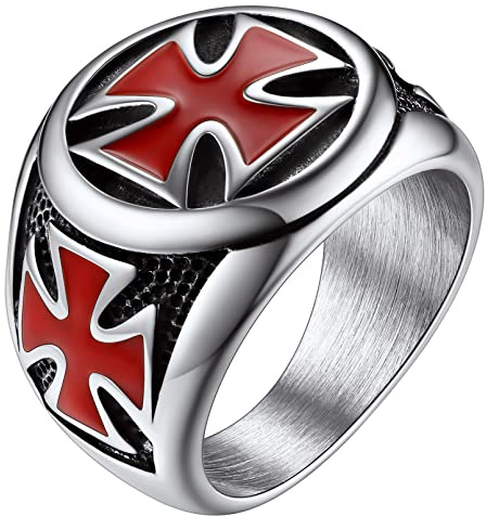 FaithHeart Anillo Católico de Arma Escudo Acero Inoxidable 316L Talla 9 Sello Circular Anillo Cruz Roja de Hombres Joyerías Simples Religiosas de Amuleto Caballeros Templarios Medievales