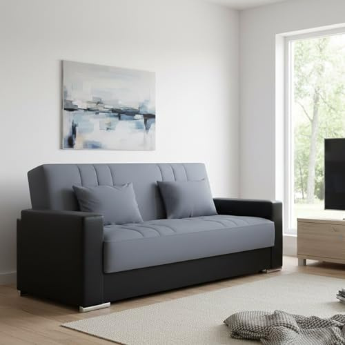 Dmora Divano Letto 3 posti Sergio, Divano Contenitore in Ecopelle e Tessuto, Sofà con Apertura Click-clack e 2 Cuscini, 230x96h101 cm, Nero e Grigio