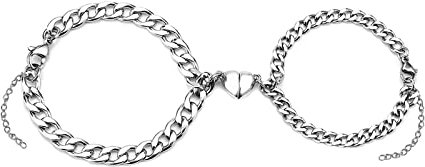 JewelryWe Schmuck 2pcs Magnetisch Pärchen Armband Edelstahl Panzerkette Herz Puzzle Magnet Armkette Partnerarmband Freundschaftarmband Valentinstag Lieben Paar Geschenk für Herren Damen Silber