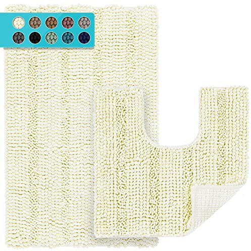 JARITTO Badezimmerteppich Set 2 Teilig rutschfest für Badewanne, Dusche und Badezimmer & Wc Vorleger mit Ausschnitt U-Förmige Waschbar Mikrofaser Saugfähig - 51 x 81 cm + 51 x 51 cm (Cremeweiß)