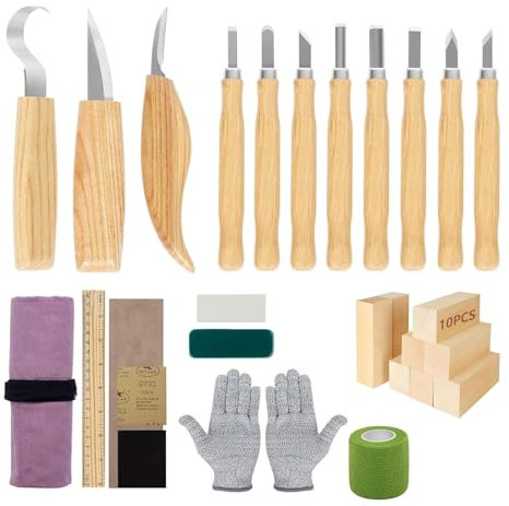 SAMISO 30PCS Strumenti Per Intaglio Del Legno,Kit Intaglio Legno Professionale,con blocchi di legno da 10 pezzi con guanti resistenti al taglio,righello,per Principianti e Scultori Professionisti