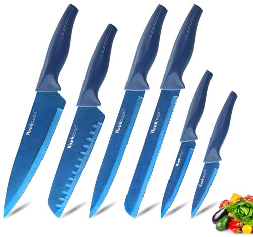 Wanbasion Set Coltelli Da Cucina Lavabili In Lavastoviglie, Set Coltelli In Acciaio E Carbonio, Set Coltelli Da Cucina Professionali 6 Pezzi Blu