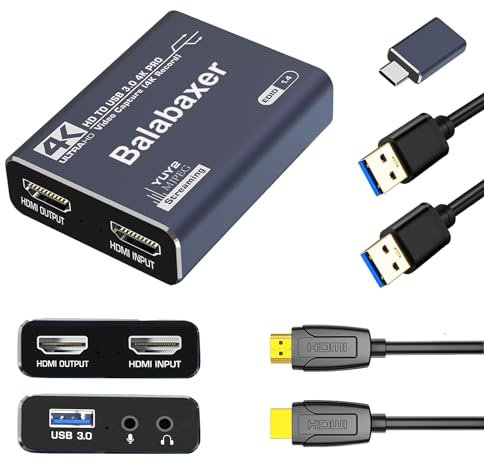 Balabaxer 4K HDMI Capture Card with USB 3.0 & HDMI Cable - 1080p/4K Video Capture Device for Gaming, Live Streaming and Video Editing