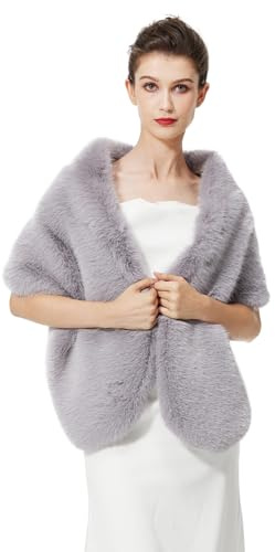 BEAUTELICATE Estolas para Bodas Fiesta Pelo Capa Poncho Invitada Boda Mujer Faxu Fur Shawl with Trim（Gris,talla única）