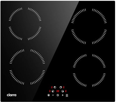 CIARRA Plaque de Cuisson à Induction - 4 Foyer 6000W - Table de Cuisson Encastrable - Commande Tactile - 9 Niveaux - CABBIH4-A
