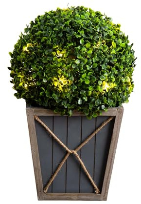 Nearly Natural 18in. UV Resistant Artificial Boxwood Ball Topiary with LED Lights in Decorative Planter (Indoor/Outdoor)