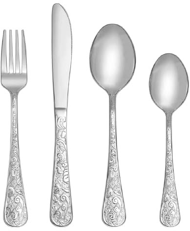 SHEUMNT Ensemble de couverts vintage en argent sculpté 24 pièces pour 6 personnes, vaisselle en acier inoxydable avec couteau/fourchette/cuillère, ensemble de couverts pour la maison et la cuisine