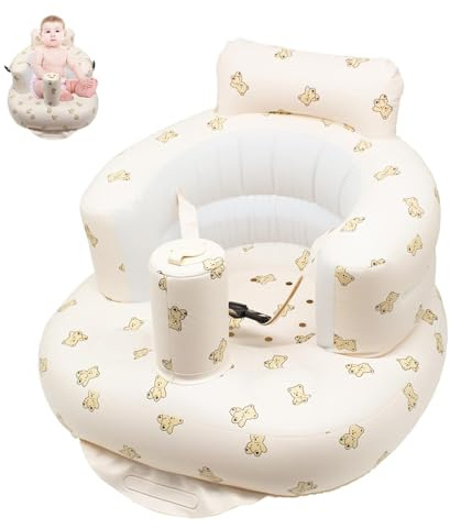 JDBlissful Siege Gonflable Bebe de 3 à 36 Mois, Siège Gonflable pour Bébé avec Harnais, Fauteuil Gonflable Bebe PVC avec Pompe à Air, Chaise Bain Gonflable pour Enfants Chaise à Manger (Motif Ours)