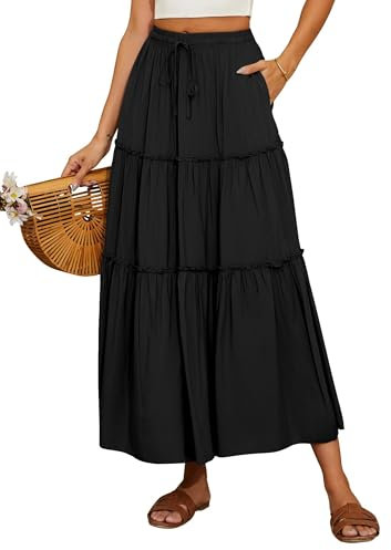Timuspo Lange Röcke Damen Sommer Maxirock Rock Midi Boho Schwarz Lang Midirock Sommerrock Knielang Mode Black Skirt Strandrock Faltenrock L