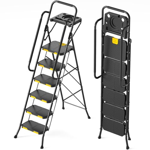 KINGRACK 6 Step Ladder with Tool Platform, Folding Step Stool with Handrails, Sturdy Steel Ladder with Wide Pedal, 800 LBS Portable Safety Ladder for Painting Home Outdoor Garage