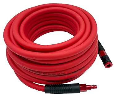 SYXQT Hybrid Air Hose 3/8-Inch x 50FT,300 PSI Heavy Duty Air Compressor Hose,Lightweight,Kink Resistant,All-Weather Flexibility with 1/4-Inch Swivel Solid Aluminum Quick Coupler and Plug,Red