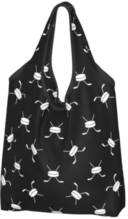 Buewutiry 2 PCS Large Tote Bag for Women - Lightweight cool hockey Stick puck black white Reusable Grocery Bags Foldable, Shopping Bags for Groceries, Cloth Bags Work Beach Travel with Handles