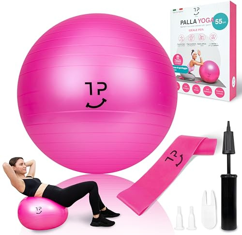Tre Puri® Yoga, Palla Pilates – 55 CM Palla con Yoga Accessori Marchio ITALIANO – Utile per fare fitness a casa e addominali - OMAGGIO fascia elastica ed E-book (CONSIGLI PER TE)