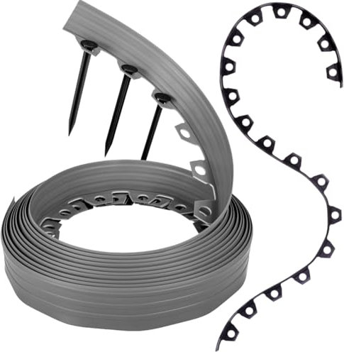 GARDENIX Borde Flexible de plástico para césped, Resistente a la Intemperie, Borde Redondo para parterres, Color Gris, 10 m, 20 Anclajes de Tierra, 6 cm de Altura para Jardines y Robot cortacésped