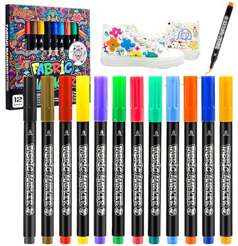 Rnigra 12pcs Fabric Pens Permanent for Clothes, Permanent Fabric Markers, Fabric Pens for Clothes, for DIY Painting on T-Shirts, Canvas Handbags, Pillowcases, Cushions, Shoes, etc.