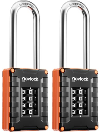 NOVLOCK Candado de combinación arco largo de 7 cm – de alta seguridad, candado numérico de 4 dígitos – para taquillas, armarios, trasteros, vallas, portones y cobertizos – pack de 2, negro/naranja