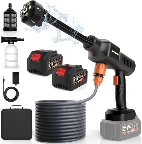 Absead Akku Hochdruckreiniger 21V 2000PSI 4.5L/min 6-in-1 Sprühdüse mit 2x4000mAh Batterien Tragbarer Druckreiniger mit Schaumdüse Filter und Aufbewahrungstasche für Auto Garten Fenster