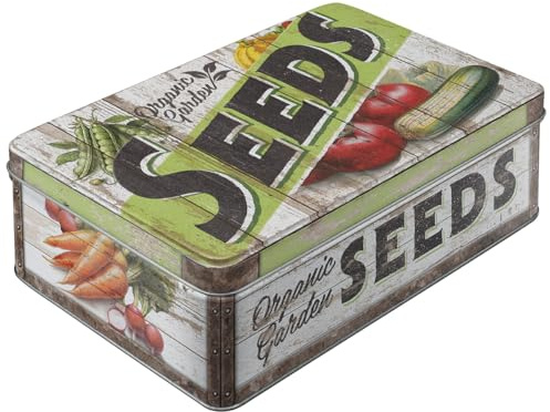 Nostalgic-Art Retro Vorratsdose Flach, 2,5 l, Garden Seeds – Geschenk-Idee für Garten-Freunde, Blech-Dose mit Deckel, Vintage Design