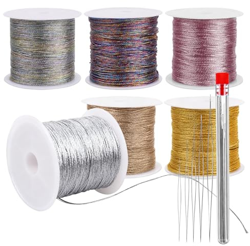 6 rollos de hilo metálico de 300 m de hilo dorado y 5 agujas de perlas, hilo dorado fino con purpurina, hilo de plata, hilos de seda para manualidades para manualidades, pulseras, collares, etc