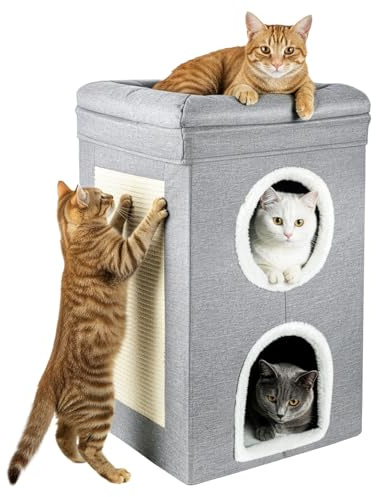 3-Tier Cat House for Indoor Cats with Cushions & Scratching Board – Foldable dog Condo Cube with Soft Double-Sided dog Bed, Stable Multi-Level pet Hideaway